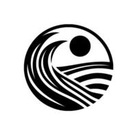 A stylized black and white circular depicting a crashing wave, the sun and ocean waves, representing natures power, serenity, and , and balance. vector