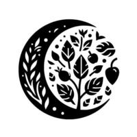 A stylized black and white illustration depicting a crescent moon filled with botanical elements like leaves, flowers, and berries, surrounded by stars and dots. vector
