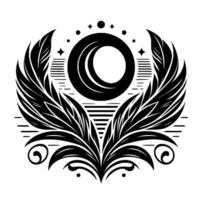 Symbolic Black and White Illustration A stylized celestial with a central circular form, adorned with featherlike wings and cosmic elements. vector