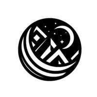Stylized monochrome emblem showcasing a mountain range, crescent moon, stars, and celestial elements within a circular . vector