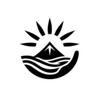 A stylized black and white featuring a mountain peak with a rising sun , nestled in a hand, symbolizing protection and nature. vector