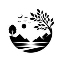 A stylized black and white illustration set inside a circle showing a scenic landscape with mountains, water, trees, a sunmoon, and flying birds. vector