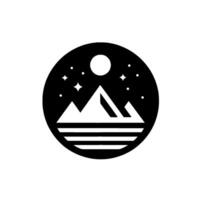 A stylized, minimalist emblem depicting mountains, a moon, and stars encased within a circular black frame, suggesting a serene night landscape. vector