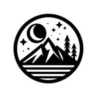Silhouette of a circular scene at night, showcasing a mountain range, moon, stars, and coniferous trees, evoking a sense of peace. vector