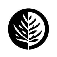 Yin Yang Leaf A symmetrical, minimalist featuring a black and white segmented circle, containing a stylized tree silhouette in a balanced, contrasting composition, evoking nature. vector