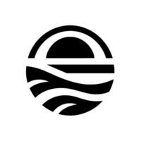 Abstract black and white representing sunrise or sunset over stylized waves, contained within a circular . vector