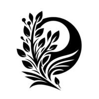 A stylized black and white illustration showcases a crescent moon shape intertwined with a detailed botanical arrangement, featuring leaves and berries. vector