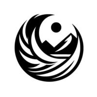 A monochromatic yinyang inspired emblem featuring a mountain range, sun, and stylized wind currents, encased within a circular frame. vector