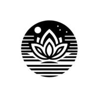 Serene Lotus in Tranquil Waters Beneath a Starry Night Sky, Represented in a Minimalist Black and White Circular . vector