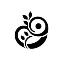 A stylized black and white featuring an abstract applelike form, with swirling shapes and leaf details, set against a plain white background. vector