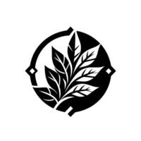 A stylized, minimalist featuring a leafy botanical element enclosed within a circular frame accented by geometric details, rendered in stark black and white. vector