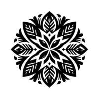 Intricate black and white symmetrical floral mandala , showcasing a detailed pattern of leaves, petals, and geometric shapes with a clean and minimalist aesthetic. vector