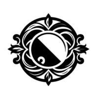 Intricate black and white emblem featuring a segmented circle within ornate, floralinspired embellishments, set against a pristine white background. vector