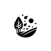 Minimalist black and white depicting a stylized tree with falling leaves, sun, and landscape within a circular frame. vector