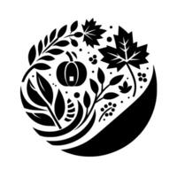 A stylized black and white autumn emblem within a circle, featuring a pumpkin, leaves, berries, and other natural elements, evoking the harvest season. vector