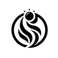 Circular abstract composed of swirling, stylized wavelike shapes, accented by a central sphere and three dots, all in black and white, minimalist . vector