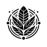 Intricate minimalist featuring a stylized plant motif with leaves, encapsulated within a circular frame, accented by dots, rendered in bold black and white. vector