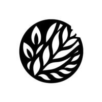 A minimalist, black and white emblem of stylized leaves arranged within a circular, partially fragmented frame, cast against a neutral background. vector