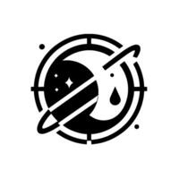 A minimalist, stylized featuring a weeping moon within a planet, a starry night sky, and orbital rings, framed by a targetlike . vector