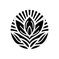 A minimalist, black and white symmetrical floral enclosed within a circle, featuring radiating lines. vector
