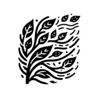 Stylized Black Leafy Branch with Curved Lines and Dots on White Background, Abstract Nature Illustration. vector