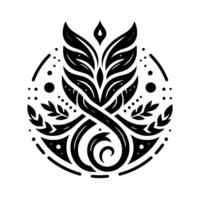 Intricate Black and White Emblem A symmetrical botanical with intertwined stems, leafy elements, and dotted details, enclosed within a circular frame. vector