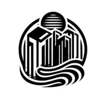 Abstract Monochrome Urban Landscape Stylized Skyscrapers, Sun, and Swirling Water Elements Within a Circular Frame. vector