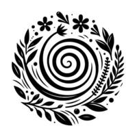 A symmetrical, circular botanical featuring a central spiral, outlined with leaves, flowers, and dots in a minimalist black and white style. vector