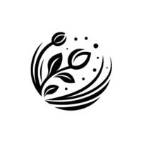A stylized, symmetrical emblem featuring a floral with three tuliplike buds and leaves, encircled by curved lines and dots, rendered in highcontrast black and white. vector