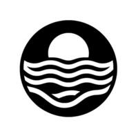 A minimalist black and white emblem depicting a stylized sunrise or sunset over wavy water, enclosed within a circular frame. vector