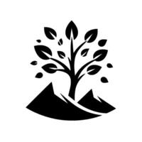 A stylized black and white illustration depicting a tree sprouting from a mountain range, showcasing growth and nature. vector