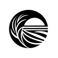A stark, symmetrical featuring a black circular shape with white accents depicting a sunrise over stylized fields or water, framed by leaflike elements. vector