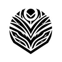 Abstract black and white geometric resembling a stylized bird or emblem, featuring symmetrical striped patterns within a circular frame, isolated on white. vector