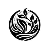 Minimalist Circular A symmetrical emblem of stylized leaves and flowing lines contained within a thick black circle, a representation of nature. vector