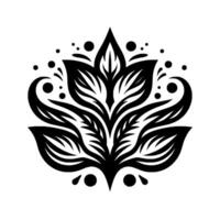 A symmetrical, elegant black and white floral with layered petal structures, curls, and decorative dots on a clean white background. vector