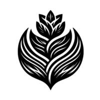 A symmetrical black and white of a stylized plant or flower, featuring layered leaves and a minimalist, elegant aesthetic. vector