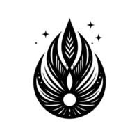 A symmetrical, black and white of a stylized teardrop containing an internal featherlike structure and surrounding, radiating lines, accompanied by stars. vector