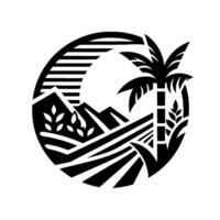 A minimalist, circular emblem featuring stylized black and white elements of a landscape, including mountains, fields, a palm tree, and crops. vector