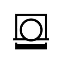 A minimalist black and white geometric composition featuring a central white circle contained within a square frame and a rectangular base, suggestive of an optical device. vector