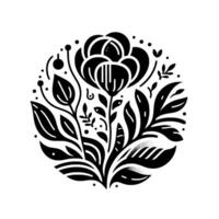 Intricate Black White Floral in a Circle Rose with surrounding leaves and dots, minimalist style vector