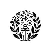Black and White Floral Emblem A Circular Composition of Stylized Flowers, Leaves, and Dots, Resembling a Friendly, Whimsical Face. vector