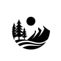 Monochrome circular depicting silhouetted trees, mountains, sun, and water, evoking a sense of nature and tranquility in a minimalist . vector