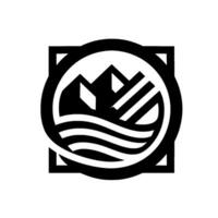 Geometric Black and White Mountains, Water, and Abstract Shapes within Circle and Square Frame, Nature Concept. vector