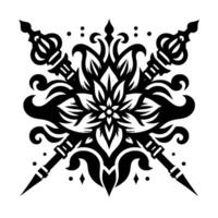 Intricate symmetrical black and white featuring a central floral motif and crossed scepterlike elements, evoking elegance. vector