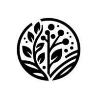A minimalistic, circular, black and white botanical illustration featuring leaves, berries, and stylized grass or ground elements. vector