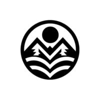 Abstract Black and White Featuring Mountains, Trees, Sun, and Water in a Circular Composition, Ideal for Outdoorsy Brands. vector