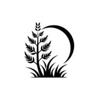 Silhouette of a stylized tree and grass framed by a crescent moon, rendered in a minimalist, blackandwhite on a clean, white background. vector