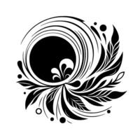 Intricate Black and White Floral , a Circular Composition Featuring Spiraling Lines, Leaflike Elements, and Geometric Shapes, Creating a Dynamic, Abstract Pattern. vector