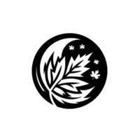 Minimalist Black and White Maple Leaf within a Circle, Featuring Crescent Moon Shape and StarLike Leaves for Branding. vector