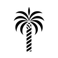 A stylized, , black and white depiction of a palm tree silhouette, with a striped trunk and curved fronds, set against a pure white background. vector